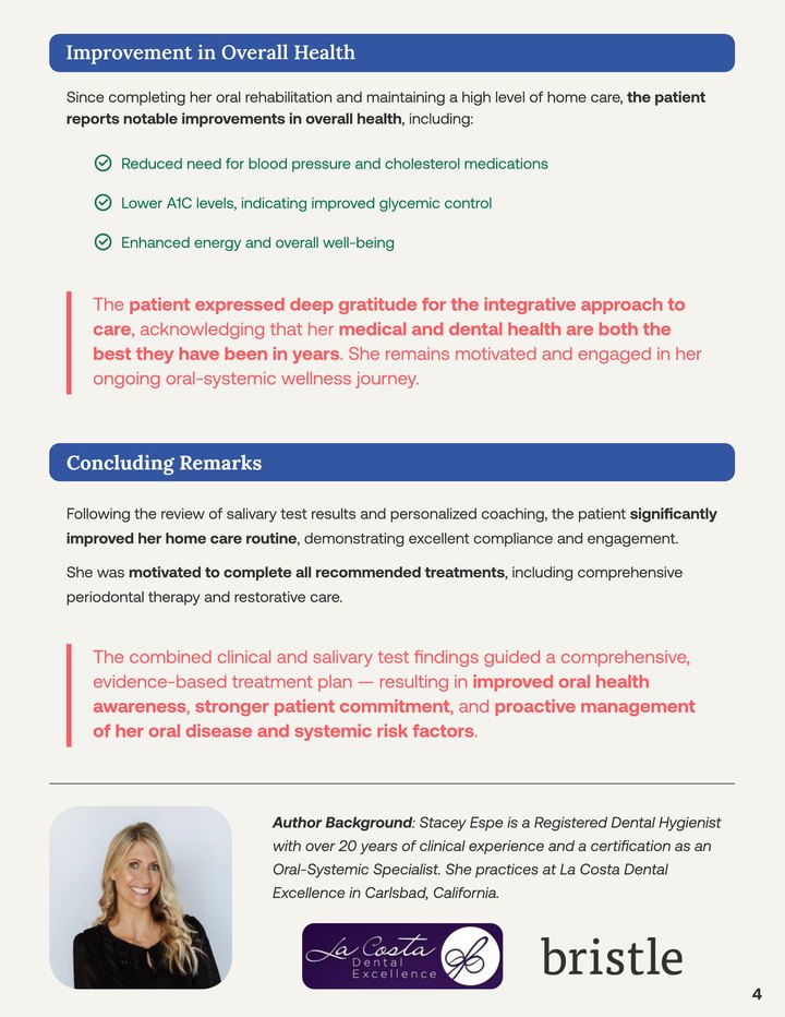 Page 4 of the La Costa Dental Excellence oral-systemic case study, covering health outcomes and conclusion